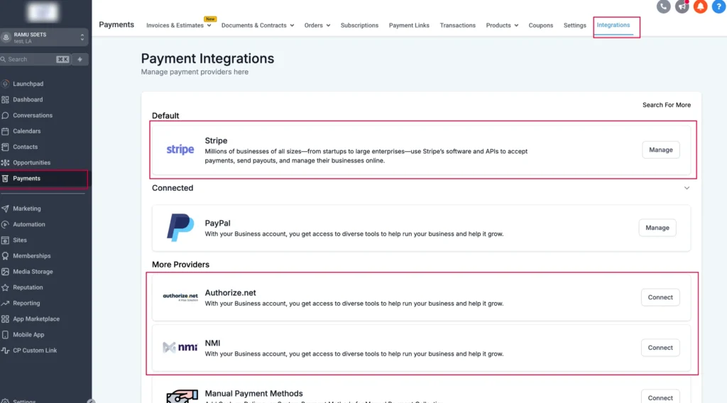 gohighlevel integrations with payment gateway